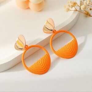 Bright Orange and Gold Lightweight Statement Earrings Circle Drop Metal